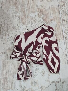 One-Shoulder Tie-Waist Top in Burgundy and Cream